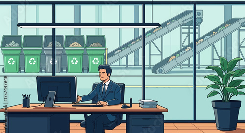 Corporate sustainability executive overseeing recycling operations from his office