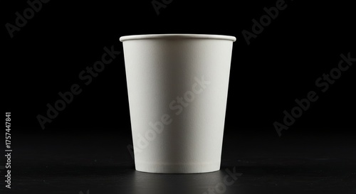 A white paper cup stands against a black background