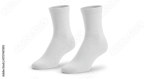 Two white ribbed athletic socks stand sidebyside on a white surface with soft shadows