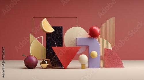 Contemporary Abstract Still Life: Textured Geometric Forms, Fruit, and Golden Accents on Pink