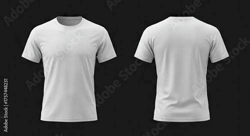 Two white tshirts one frontfacing one back displayed against a dark gray background