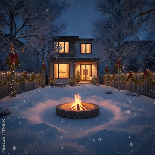 Suburban Christmas Night Scene with Winter Decorations