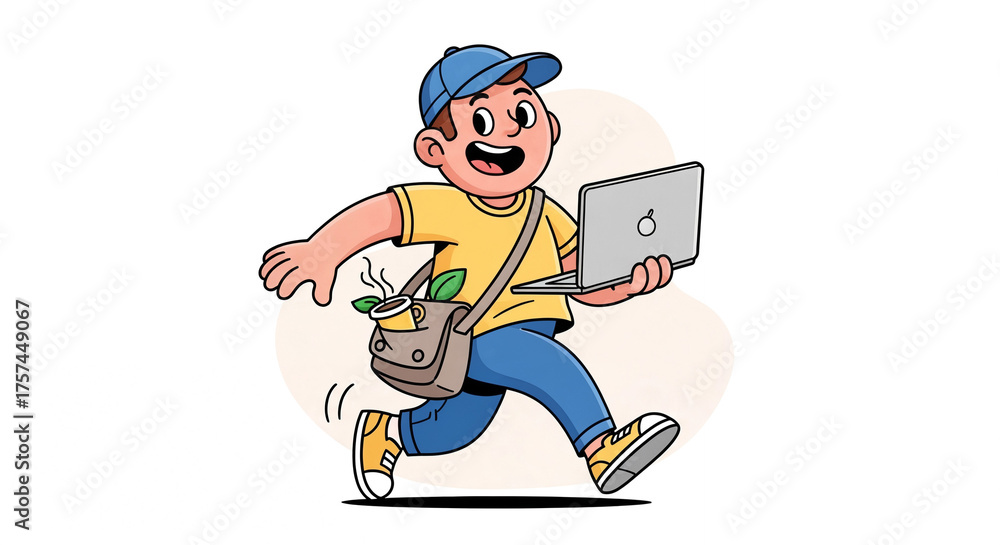 Naklejka premium Energetic Freelancer Running with Laptop and Coffee for On-the-Go Work