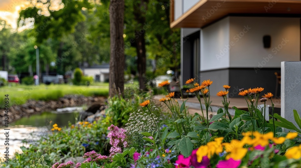 Fototapeta premium Idyllic Home Garden with Flowing Creek and Vibrant Floral Display Front