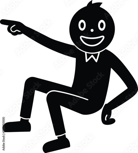 A stupid man sitting and pointing to the left  