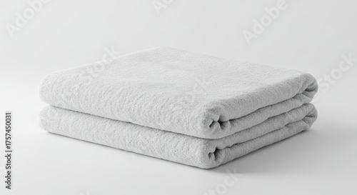 Two neatly folded light gray towels stacked on a plain white surface displaying a soft textured appearance