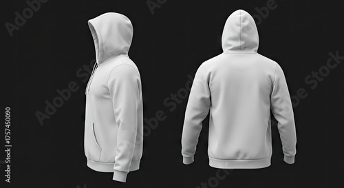 Two views of a white hooded sweatshirt side  back on a dark grey background