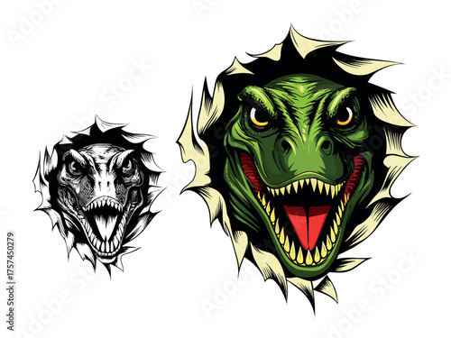 Angry Dinosaur Head Breaking Through Wall Illustration