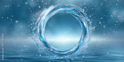Circular Economy Initiatives concept. A circular splash of water creates an ethereal effect, surrounded by droplets against a soft blue background.