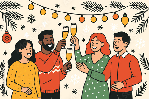 Diverse group of friends celebrating the holidays with champagne under festive string lights and pine branches
