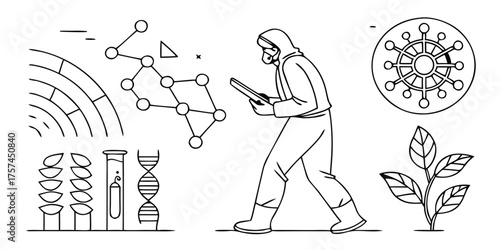 hand drawn vector illustration of a farmer with niche technology 