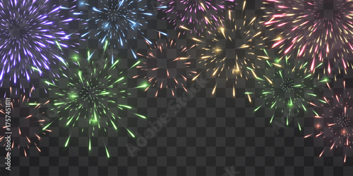 Festive fireworks with brightly shining sparks. New Year's Eve fireworks. Realistic sparks and explosions. Colorful pyrotechnics show. Vector isolated on png background.