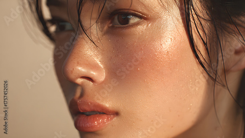 Close-Up Portrait of a beautiful young Asian woman with glowing, dewy skin