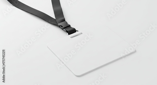 White ID badge hangs from a black lanyard lying on a white surface