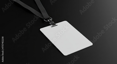 White ID badge with black lanyard silver clip on dark background