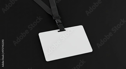 White ID badge on black lanyard lies on black surface simple  clean