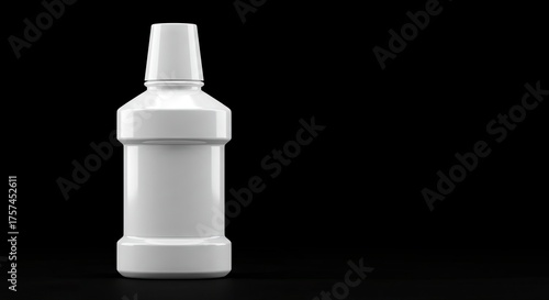 White mouthwash bottle on a black backdrop with distinct horizontal lines and smooth glossy finish