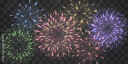 Festive fireworks with brightly shining sparks. New Year's Eve fireworks. Realistic sparks and explosions. Colorful pyrotechnics show. Vector isolated on png background.