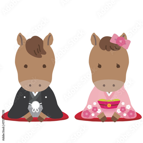 着物姿のかわいい干支シリーズ　午年/主線なし　和装で正座でご挨拶をする男女カップル
