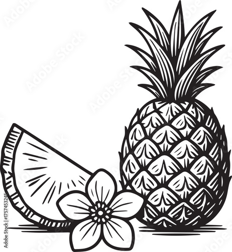 Pineapple fruit with slice and flower black and white etching illustration for tropical botanical packaging and label design