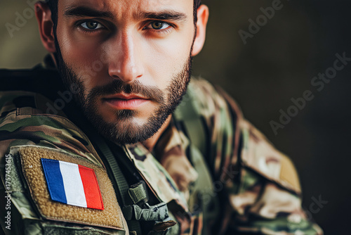 Portrait of military male soldier with flag of France on uniform