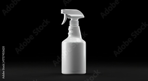 White plastic spray bottle featuring a distinct trigger handle stands against a solid black backdrop