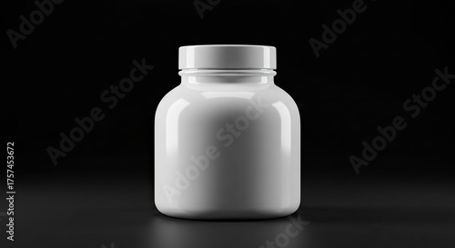 White plastic supplement bottle with a cap stands against a black background