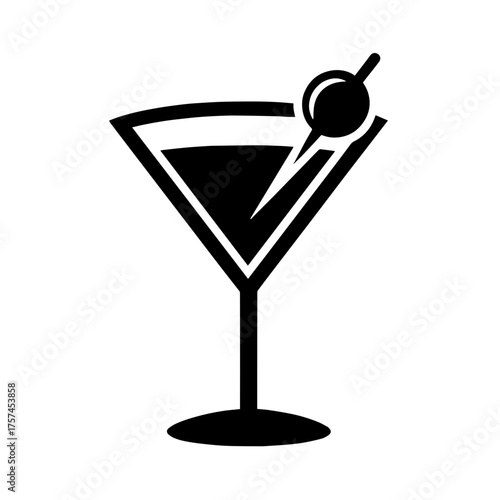 A stylized martini glass filled with liquid and topped with an olive on a toothpick