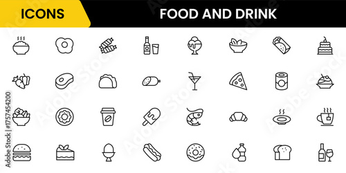 Food and drink web icons in line style. Meal, restaurant, dishes, fruits, fast food, burger, pizza, coffee, sandwich, collection. Vector illustration.