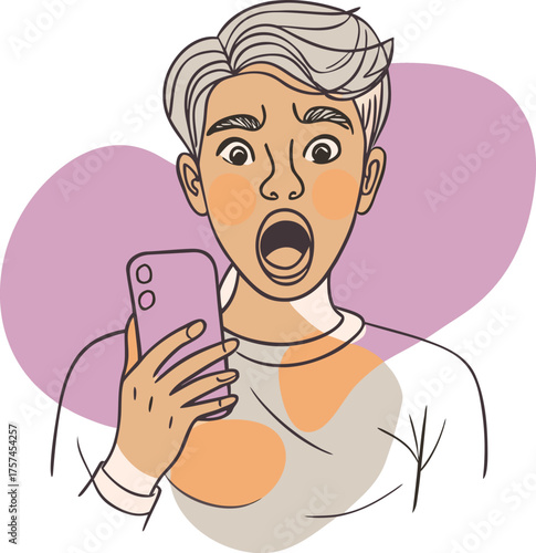 Shocked young man holding smartphone reacting to surprising news or content with wide eyes and open mouth vector