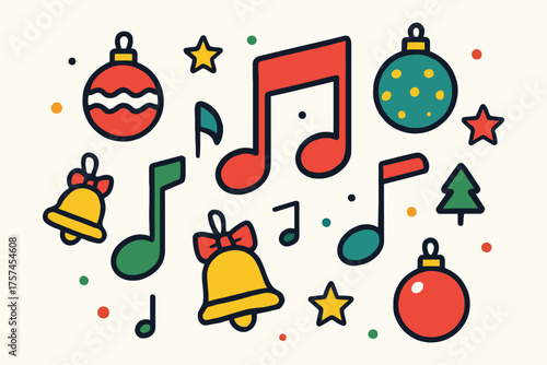 Festive christmas ornaments and musical notes celebrating holiday season