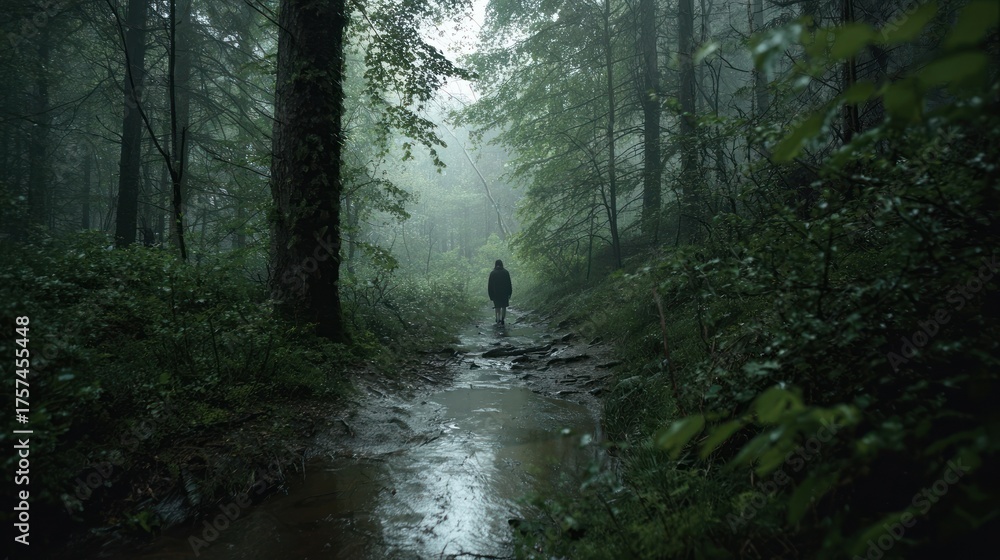 Obraz premium Lone Figure Walks Misty Forest Path, Atmospheric, Moody, Serene Scene.