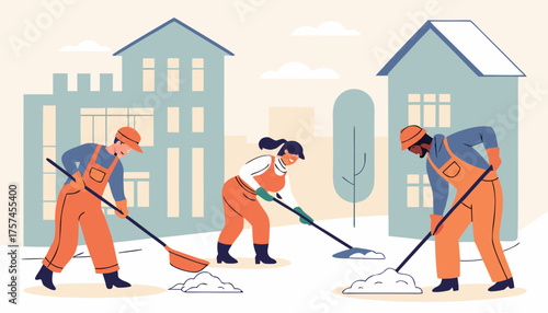 cleaners team using different equipment and tools snow removal concept mix race men women in uniform cleaning urban residential area cityscape background flat full length horizontal in a heavy snow