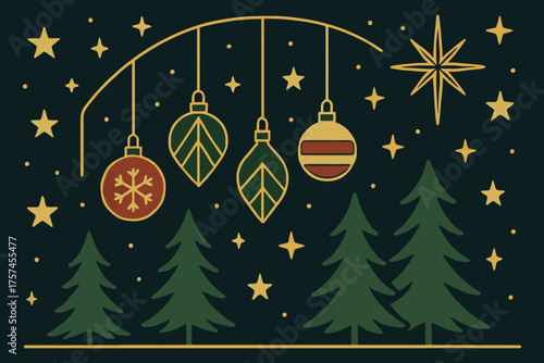 Festive christmas scene with hanging ornaments and evergreen trees under a starry night sky