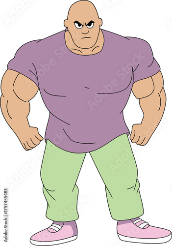 Muscular Bald Man with an Angry or Serious Face, Standing in a Powerful Stance, Wearing a Purple Shirt and Green Pants, Cartoon Vector Illustration of Strength.
