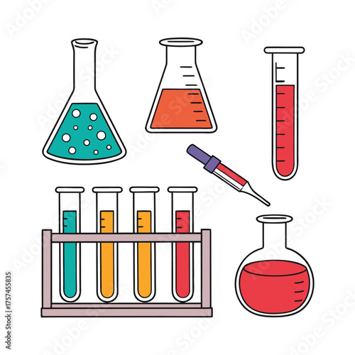 Scientific laboratory equipment including flasks beakers test tubes and pipette for research