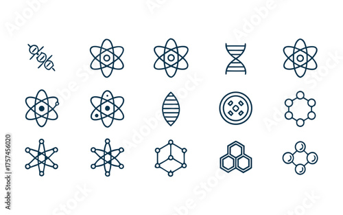 Collection of science icons representing chemistry biology physics and medical research symbols