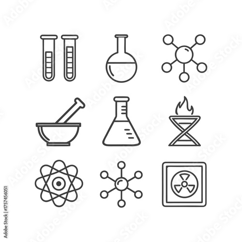 Collection of chemistry and science icons featuring lab equipment molecular structures and atomic symbols