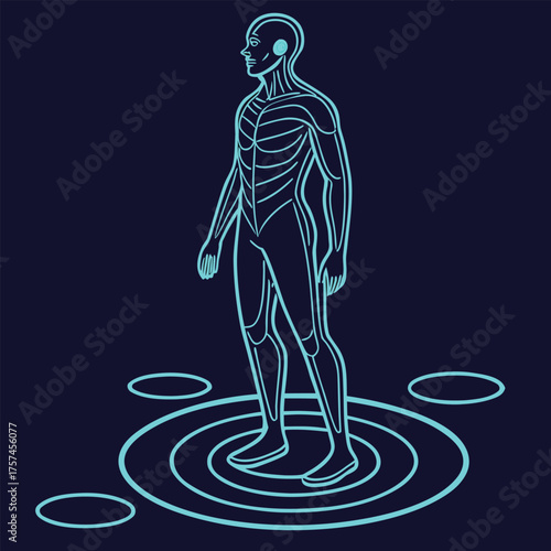 Futuristic human anatomy visualization with neon light outline and digital interface elements
