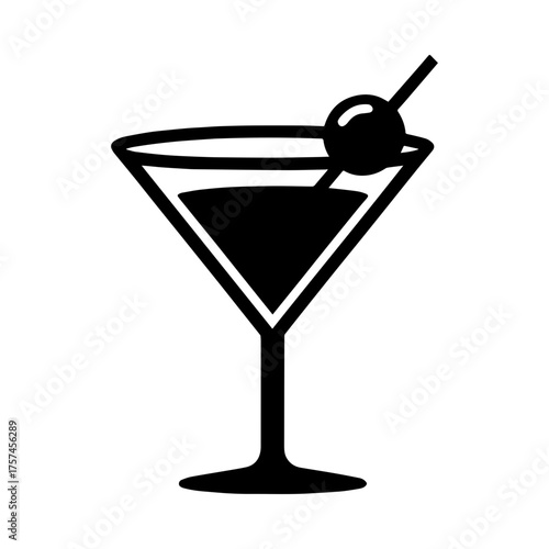 Minimalistic icon of a martini glass filled with liquid with an olive on a toothpick