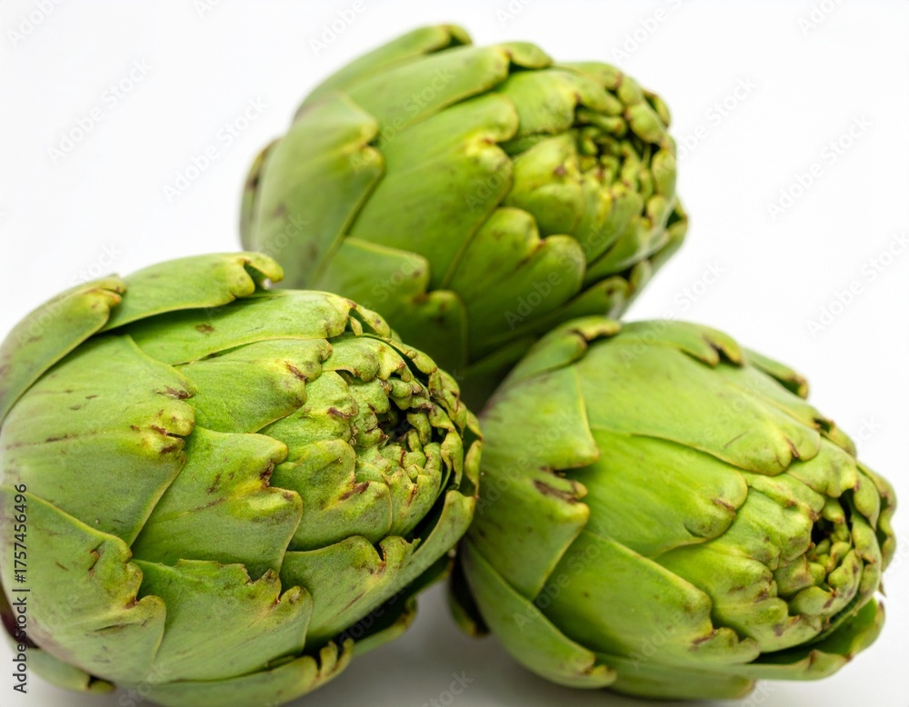 Fototapeta premium Two fresh raw artichokes isolated on white background. Top view.