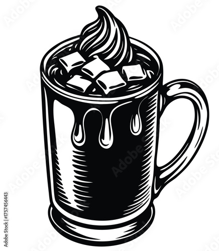 A detailed black and white vintage-style illustration of a comforting mug of warm hot chocolate, garnished with marshmallows and a swirl of whipped cream