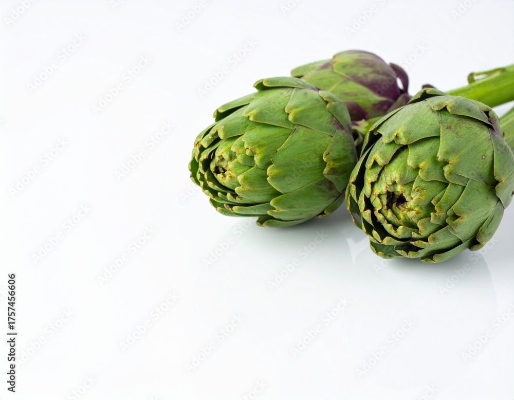 Obraz premium Two fresh raw artichokes isolated on white background. Top view.
