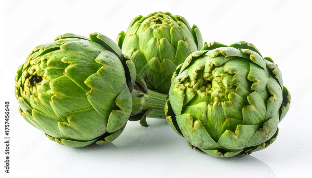 Obraz premium Two fresh raw artichokes isolated on white background. Top view.
