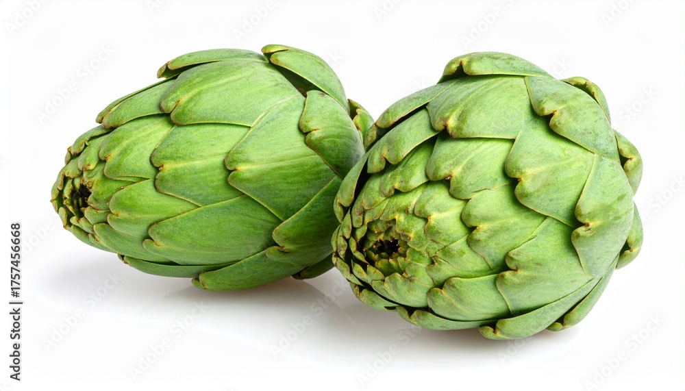 Obraz premium Two fresh raw artichokes isolated on white background. Top view.