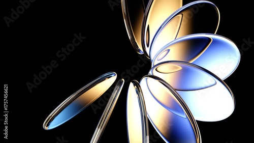 Neon glass circular discs on black background. Abstract 3d animation of crystal holographic plates, iridescent transparent round disks with gold blue gradient, light refraction. Futuristic technology.