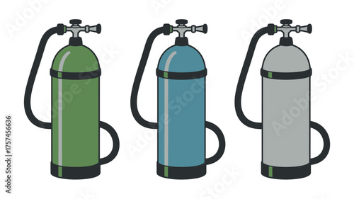 A shiny set of three blue and green beer bottles on a white background