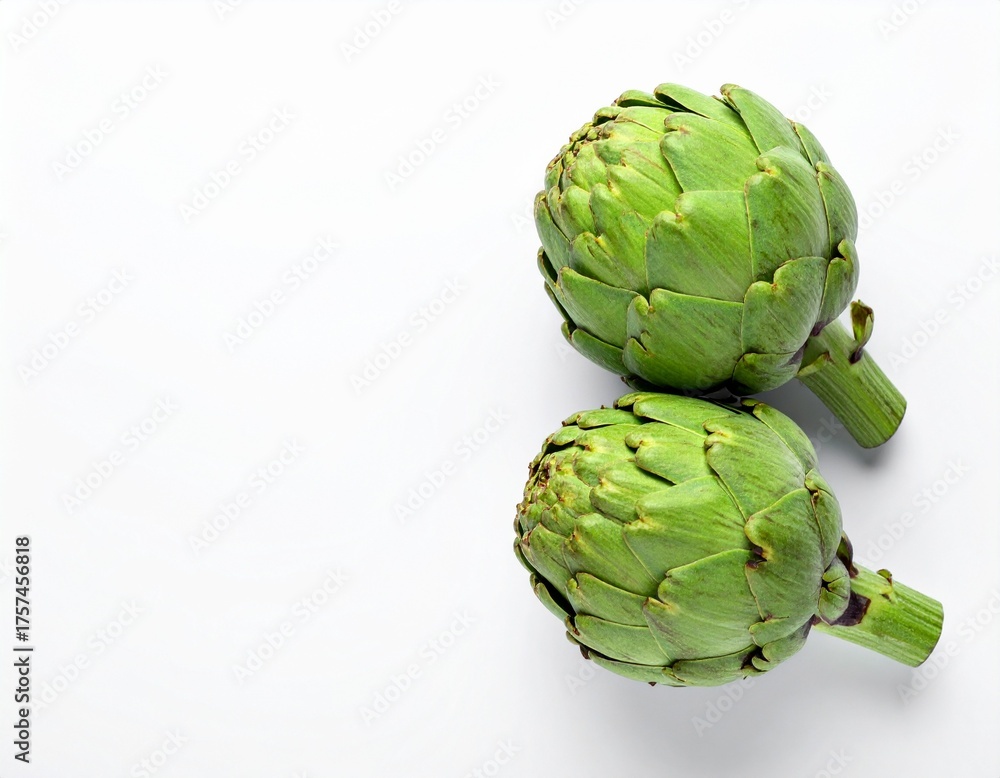 Fototapeta premium Two fresh raw artichokes isolated on white background. Top view.