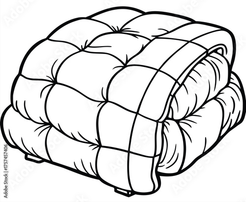 Black and white drawing of a plush, quilted blanket