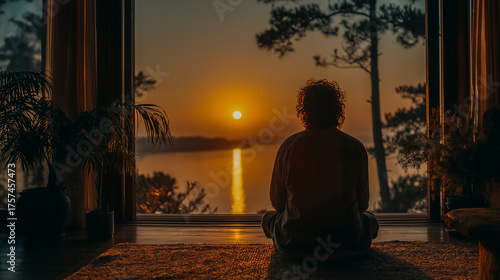 Male individual with curly hair is meditating by a window during sunset, with warm light illuminating his face, creating a serene and peaceful atmosphere for mindfulness practice